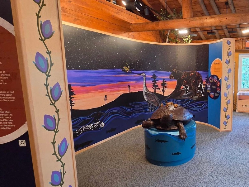 A turtle sculpture and illustrated landscape inside the Chik-Wauk exhibit