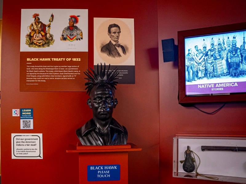 A Capption marker accompanies the Black Hawk Treaty of 1832 display