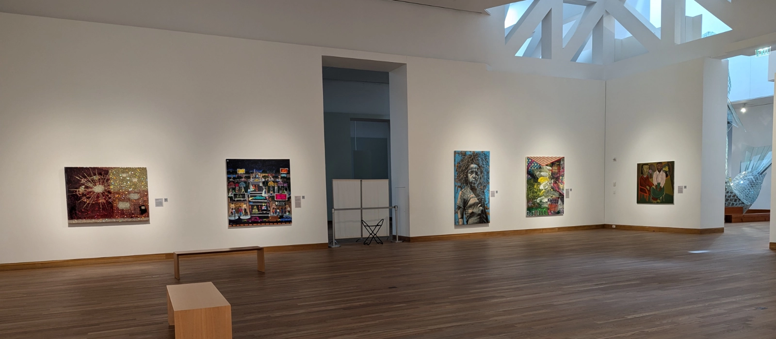 Artworks displayed in a light-filled gallery at the Weisman Art Museum