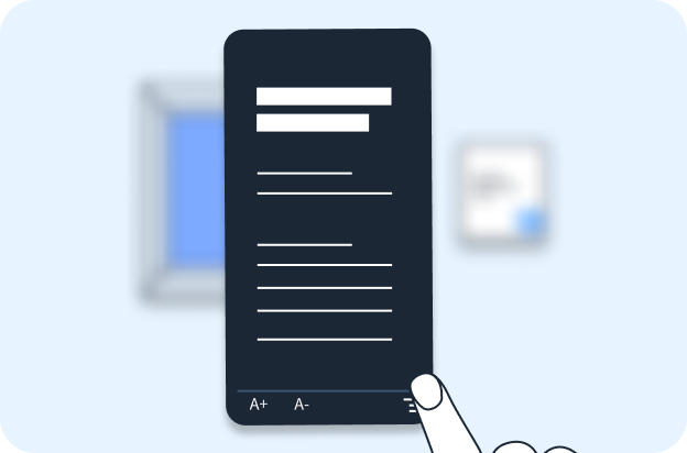 A phone screen showing exhibit content with text size and accessibility controls